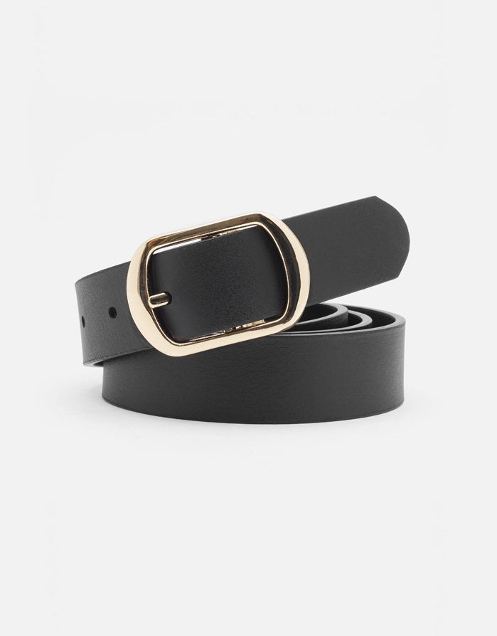 Black Leather Belt with Golden Buckle - Costa